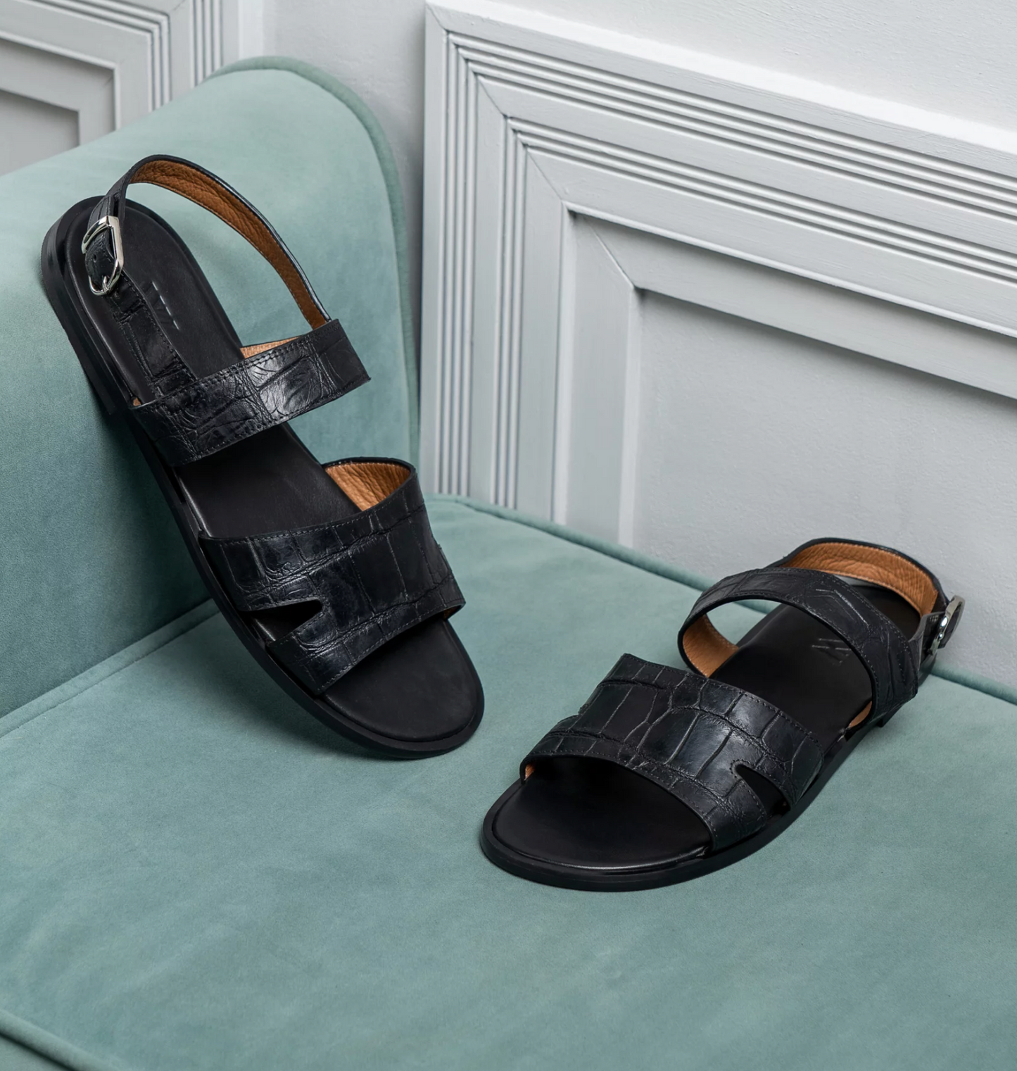 Black Crocodile Skin Sandals